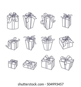 Set of vector outline gift icons. Black and white line boxes with ribbons, isolated illustration. Trendy design elements for holiday greeting card, gift shop, voucher, flyer, banner.
