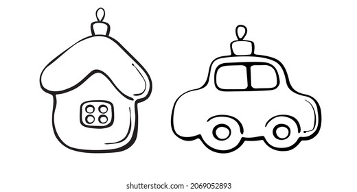 Set of vector outline glass xmas tree toys, decorations in form of car and house, doodle style. Clipart for Merry xmas and happy new year greeting card, coloring page, template for children creativity