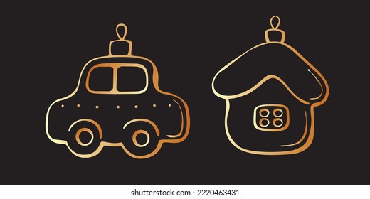 Set of vector outline golden xmas tree toys, decorations in form of car and house, doodle style. Clipart for Merry Christmas and Happy New Year