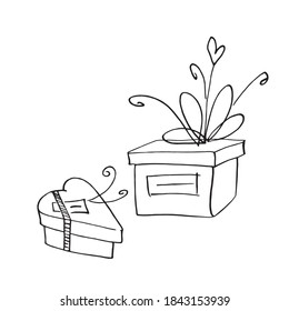 Conjunto de imágenes dibujadas a mano con contorno vectorial de cajas de regalo al estilo Doodle. Elemento de diseño festivo para Navidad, Día de San Valentín, cumpleaños, año nuevo, otras vacaciones