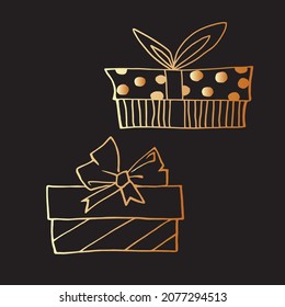 Set of Vector outline hand drawn images of gift boxes in Doodle style. Festive design element for Christmas, Valentines day, birthday, new year, other holiday