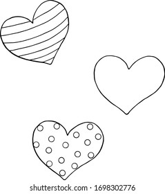 Set of Vector outline of heart in stripe, with polka dots. Coloring page, Valentine's Day, Easter, holidays clip art design element. Hand drawn, black and white, simple illustration in doodle style