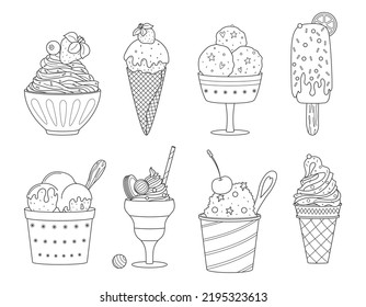 Set of vector outline ice cream. Summer sweet food. Delicious frozen dessert. Collection of different types of an Ice Cream. Hand drawn doodle linear black and white illustrations isolated on white