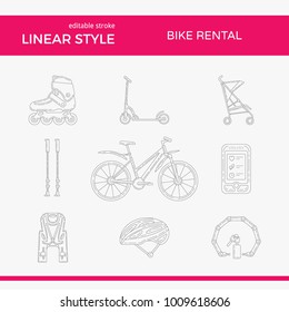 Set of vector outline icons with bicycle and accessories. Editable stroke design elements. Perfect for bike rental, store or repair business.