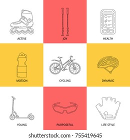 Set of vector outline icons with bicycle and accessories. Editable stroke design elements. Perfect for bike rental, store or repair business.
