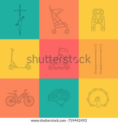 Set of vector outline icons with bicycle and accessories. Editable stroke design elements. Perfect for bike rental, store or repair business.