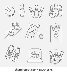 Set of vector outline icons of  bowling. 