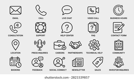 Set of vector outline icons for business communication and customer service. Includes symbols for email, phone calls, live chat, video calls, business hours, and various support options.