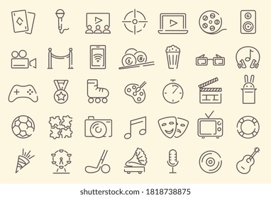 Set of vector outline icons dedicated to the theme of recreation and entertainment. Music, theater, playing cards, carousels, sports, cinema, and others.