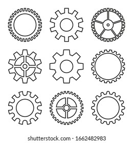 Conjunto de iconos vectoriales de la rueda del engranaje, mecanismo de la rueda cognoscitiva.