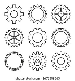 Conjunto de iconos vectoriales de la rueda del engranaje, mecanismo de la rueda cognoscitiva.