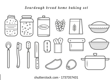 Set of vector outline icons of homemade sourdough bread baking kit. Recipe elements for home baked loaf. Sourdough starter culture in mason jar. Dough scraper. Danish whisk. Proofing basket. Bench kni