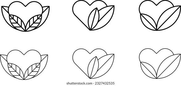 Set of vector outline icons made of hearts with leaves.	