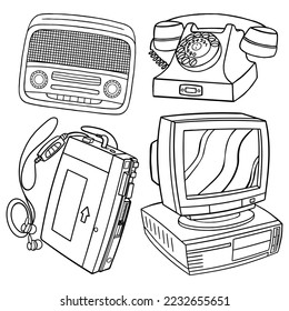 Set vector outline illustration of 90's vibes for coloring book