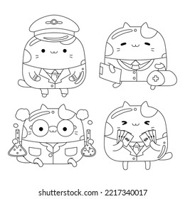 Set vector outline illustration of cute cat character for coloring book