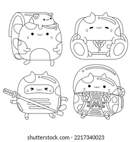 Set vector outline illustration of cute cat character for coloring book