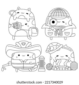 Set vector outline illustration of cute cat character for coloring book