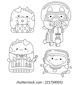 Set vector outline illustration of cute cat character for coloring book