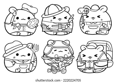 Set vector outline illustration of cute hamster character for coloring book