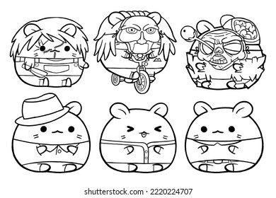 Set vector outline illustration of cute hamster character for coloring book