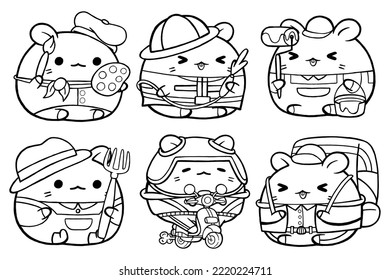 Set vector outline illustration of cute hamster character for coloring book