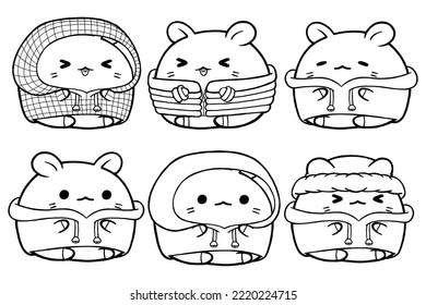 Set vector outline illustration of cute hamster character for coloring book