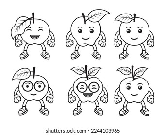 Set vector outline illustration of Cute Apple Mascot Character
