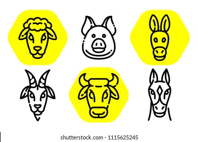 Set of vector outline illustration of farm animals in trendy linear style. Editable flat  icons - Horse pig donkey goat cow and sheep, modern pictogram with rounded stroks.