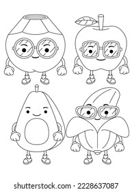 Set vector outline illustration of fruits mascot character for coloring book