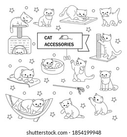 Satz von Vektorgrafiken-Rahmenillustrationen. Katzen und Zubehör. Spielzeug, Betten, Kratzpfosten.