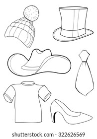 set of vector, outline illustrations of clothes and accessories