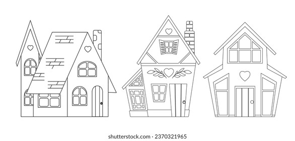 Set of vector outline illustrations of country houses. Collection of contour cute rural buildings isolated from background. House rent. 