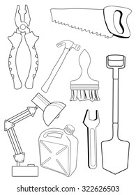 set of vector, outline illustrations of different tools