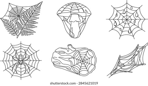Set of vector outline illustrations featuring spider webs and nature elements