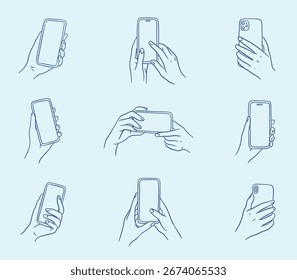 Un conjunto de ilustraciones de contorno de Vector de manos sosteniendo teléfonos inteligentes en diferentes posiciones. Estilo minimalista lineal. 

