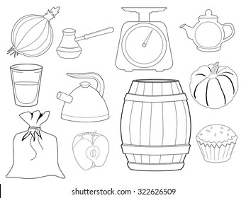 set of vector, outline illustrations of kitchen objects and foods