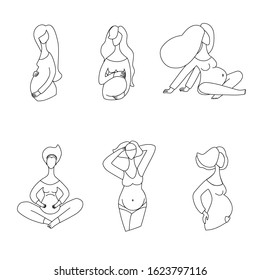 Set of vector outline illustrations of pregnant women in different poses