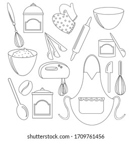 Set of vector outline kitchen equipment on a shelf isolated on a white background. Kitchen tools objects large collection. Bright flat cartoon style design. household illustration. 