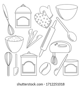 Set of vector outline kitchen equipment on a shelf isolated on a white background. Kitchen tools objects large collection. Bright flat cartoon style design. household illustration.