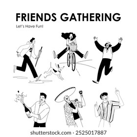 set of vector outline linear illustrations, friends gathering, fun, party. Vector illustration