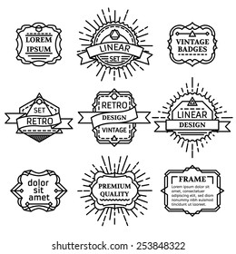 Set of vector outline logo templates. Retro linear badges, labels, ribbons, frames and emblems. There is place for your text.