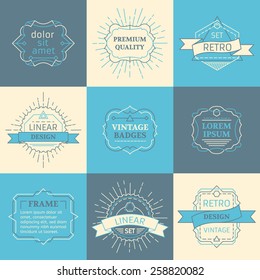 Set of vector outline logo templates. Retro linear badges, labels, ribbons, frames and emblems. There is place for your text.