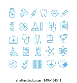 Set of Vector Outline medicine icons. Pharmacy flat signs for online hospital. Healthcare symbols isolated on white background.