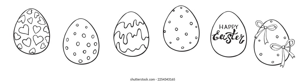 Set of vector outline ornamental easter eggs with hearts, stains, bows. Holiday illustrations, clip art in hand drawn doodle style for greeting cards, festive design