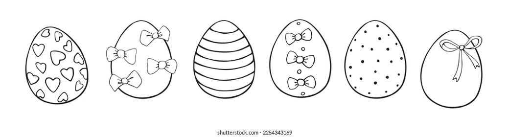 Set of vector outline ornamental easter eggs with hearts, stains, bows. Holiday illustrations, clip art in hand drawn doodle style for greeting cards, festive design