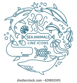 Set of vector outline sea animals icons arranged in circle