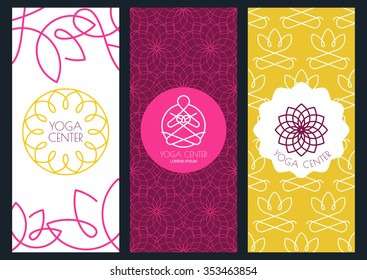 Set of vector outline seamless patterns, labels, design elements. Background, flyer or banner template for for yoga studio, beauty salon, spa, cosmetics. Linear illustration of man and lotus flower.