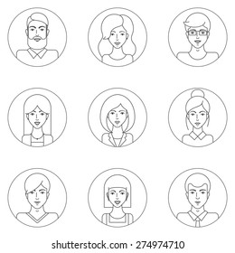 Set of vector outline style avatars, male and female characters