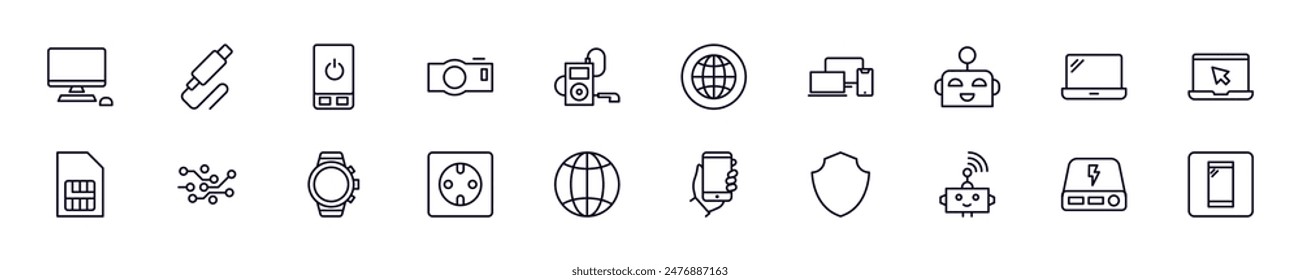 Conjunto de símbolos de contorno de Vector de la electrónica. Icono de línea perfecto para Sitios web, diarios, artículos, libros