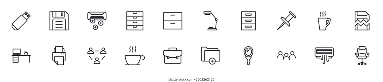 Set of vector outline symbols of office. Line icon perfect for web sites, newspapers, articles, book